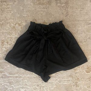 Black Crepe Ruched Tie Waist Shorts